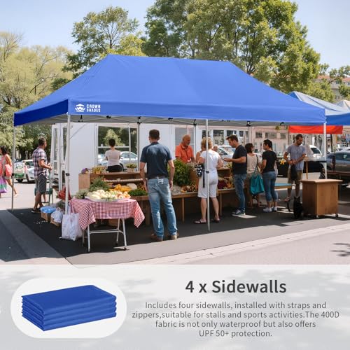 CROWN SHADES 10x20 Pop Up Canopy Tent, Thicken Frame Commercial Heavy Duty Tent, 4 Sidewalls 8 Stakes & 4 Sandbags & 4 Ropes, Outdoor Canopies for Events, Parties, Blue - color: Blue, size: 10x20 Heavy Duty