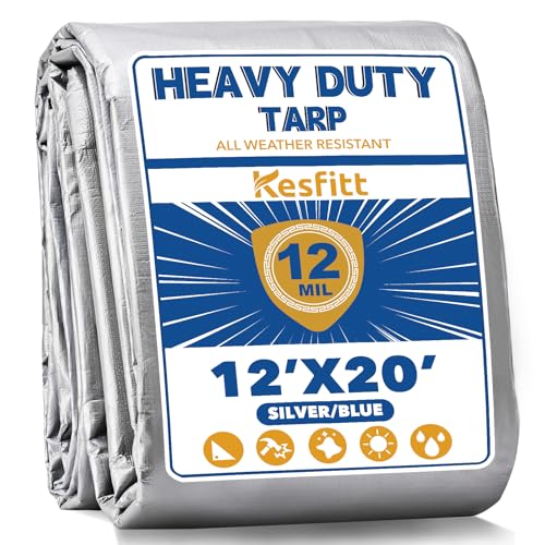 Kesfitt 12 Mil Heavy Duty Waterproof Tarp with Metal Grommets, 12x20 ft, Silver & Blue Reversible Poly Tarp for Outdoor Protection, Yard, Worksite, Pools, Vehicles, Equipment Coverage - size: 12x20 ft