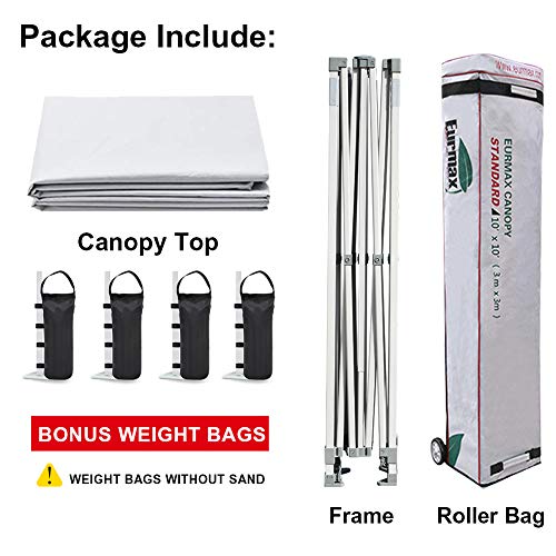 Eurmax USA Patented 10x10 Pop Up Canopy Tent Party Tent Commercial Instant Canopies Shelter with Heavy Duty Roller Bag,Bonus 4 Sand Bags (Snow White) - color: White, size: 10x10 Patented