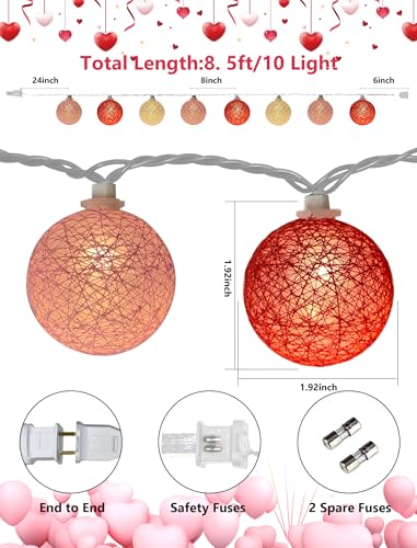 Red Pink and White Cotton Ball String Lights, 8.5Ft Valentine's Day Plug in Fairy Lights with 10 LED Colored Cotton Ball Bulbs, Hanging Globe Cozy Lighting for Girls Bedroom Party Birthday Home Decor - color: Pink Red White Cotton Ball