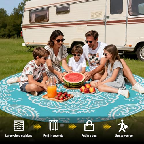 Pauwer Waterproof Outdoor Rug 8ft, Reversible Plastic Straw Patio Camping Rug, Indoor Outdoor RV Mat Carpet for Deck, Camper, Porch, Balcony, Backyard, Picnic, Boho Teal - color: Boho Teal, size: 8' (Round)