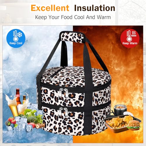 Round Double Insulated Casserole Carrier – 12" Portable Pie Carrier Bag for Hot or Cold Food, Leakproof Thermal Lunch Tote with Handle for Parties Picnic & Travel - Leopard - color: Leopard, size: Double