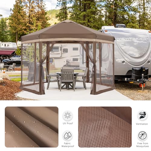 COOSHADE Pop up Canopy, 10X12 Pop up Tent with Mesh Walls, 6 Sides Gazebo, Patented 1 Step Lock Tech, Screened House for Outdoor/Camping/Lawn/Trip/Gathering, Khaki and Brown