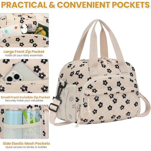 ELONGRIVER Corduroy Insulated Lunch Bag for Women Teen Girls, Portable Adult Lunch Box, Reusable Tote Cooler Bags, Lightweight Womens Lunch Bags with Front Pockets for Work School Picnic Travel,Floral - color: Floral