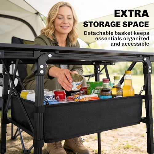 Outsunny 3ft Portable Camping Table with Storage Bag, Adjustable Height Aluminum Small Folding Table, Lightweight Picnic Table with Carry Bag for Outdoor Picnic BBQ Backyards Beach, Black - color: Black