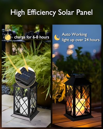 Homemory Solar Lanterns Outdoor Waterproof Hanging with Flickering Flameless Candles, 2 Pack 13'' Garden Outdoor Lantern Decorative for Patio Front Porch Backyard Balcony Cabin Outside Table(Black) - style: Black