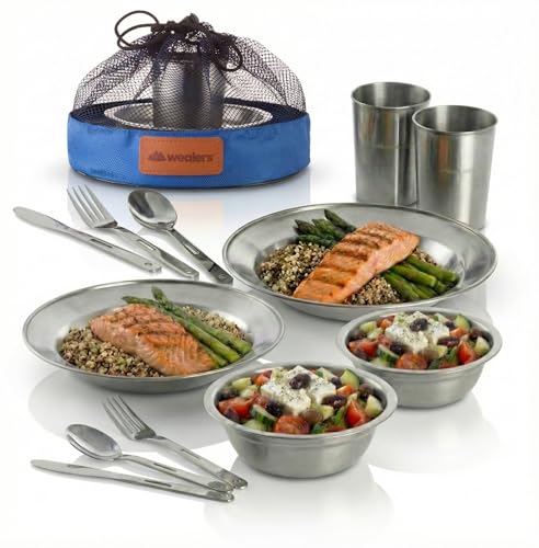 Unique Complete Messware Kit Polished Stainless Steel Dishes Set| Tableware| Dinnerware| Camping| Includes - Cups | Plates| Bowls| Cutlery| Comes in Mesh Bags - style: 2 Person Set Blue