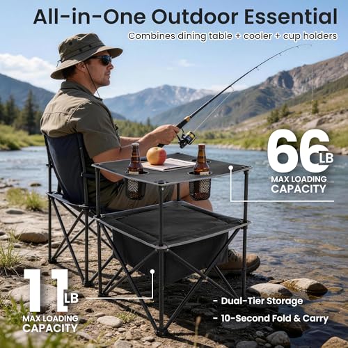 Portable Outdoor Folding Camping Table with 4 Cup Holders & Cooler Compartment, Waterproof Picnic Table for Picnic, BBQ, Beach, Hiking (Black) - color: Black