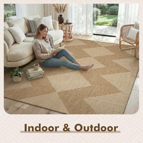MontVoo-Outdoor Rug Carpet Patio Rug 4x6 ft Polypropylene Indoor Outdoor Rugs for Patio Deck Balcony Porch, Textured Weave, Durable for High Traffic, Fade-Resistant, Boho Geometric Neutral Brown - color: Brown Beige, size: 4' x 6' (Rectangular)