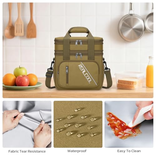 RealCool Lunch Bag, Insulated Lunch Box for Men Women, Double Deck Leakproof Soft Cooler Bag with Adjustable Strap, Reusable Lunchbox for Work, Travel, Camping (Khaki) - color: Khaki