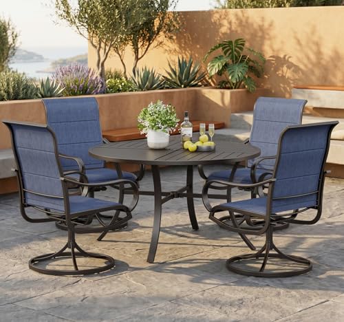 PHI VILLA 5 Piece Outdoor Patio Dining Set with 4 Padded Swivel Dining Chairs & 1 Large Round Dining Table, All Weather Blue Chair and Metal Table for Deck Lawn Garden - color: Blue Padded Fabric, size: 42"Dia x 28"H-Metal-5 Piece