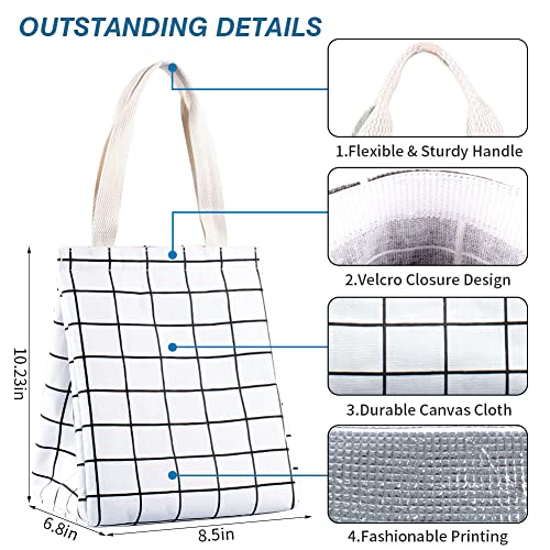 iknoe Insulated Lunch Bag for Women & Adults, 9L Foldable Wide-Open Cooler Bag with Pockets, Leakproof & Portable, for Picnic, Office, Beach(White grid) - color: White Plaid, size: Velcro Closure