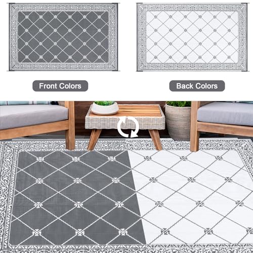 Reversible Mat Plastic Outdoor Rugs for Patios Clearance Waterproof Plastic Straw Rug Large Area Rug for Outdoor, Porch, Patio, RV,Camping,5x7Ft, Grey - color: Classic Grey, size: 5' x 7' (Rectangular)