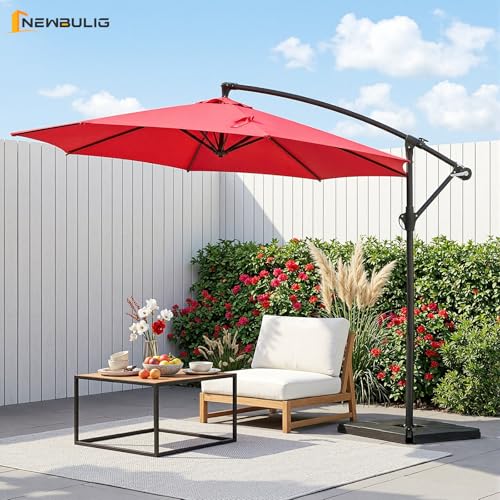 NEWBULIG 10FT Patio Umbrella, Offset Cantilever Outdoor Patio Table Umbrella, UV Protection, Fade Resistant Fabric, Easy Tilt Adjustment for Pool, Deck, Garden, Backyard - color: Bright Red, size: 10FT-with 4 Bases