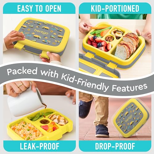 Bentgo Kids Prints Leak-Proof, 5-Compartment Bento-Style Kids Lunch Box - Ideal Portion Sizes for Ages 3-7, Durable, Drop-Proof, Dishwasher Safe, & PFAS & BPA-Free Materials (Construction Trucks) - color: Construction Trucks