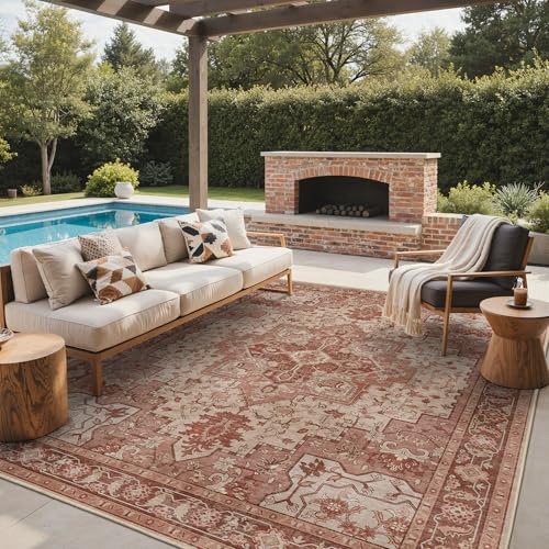 GENIMO Outdoor & Indoor Area Rug 9'x12', Waterproof, Non-Shedding, Easy Cleaning, Boho Mat for Patio, Living Room, Balcony, Dining Room, RV, Deck, Bedroom, Camping, Outside Carpet,Brown Red - color: Brown Red, size: 9' x 12' (Rectangular)