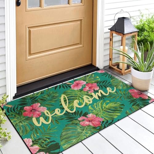 Arttown Summer Monstera Palm Leaf Door Mat, 17x30 Tropical Camouflage Gray Welcome Doormat Decorative Home Floor Mat, Non Slip Rubber Back and Strong Water Absorption for Outdoor Indoor Entrance Decor - color: Palm Hawaiian Leaves