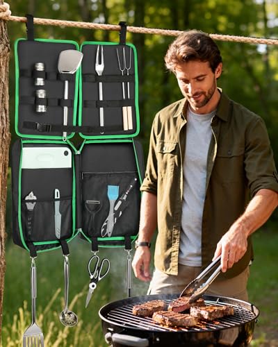 FANGSUN Camping Cooking Utensils, 16 PCS Portable Camping Kitchen Set with Grill Accessories, Camp Gifts for Men Dad, New Year‘s Presents for RV, Hiking, Picnic, Backpacking - color: Green-16Pcs