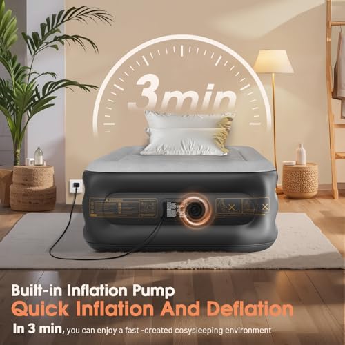 VOSSER Twin Air Mattress with Built in Pump,18''Inflatable Mattress 2 Mins Self-Inflation/Deflation,XL-Long Blow up Mattress Thicker,Flocked Top Air Bed with Storage Bag for Home, Camping & Guests - color: Grey, size: Twinxl 18''(comfort Height)