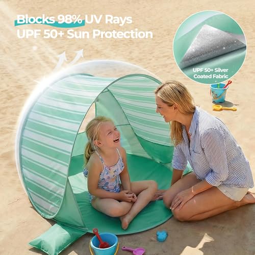 Pop Up Baby Beach Tent - Baby Tent for Beach Essentials with UPF 50+ UV Protection, Portable Sun Shade Canopy Summer Outdoor for Infants (Green Stripes) - color: Green Stripes