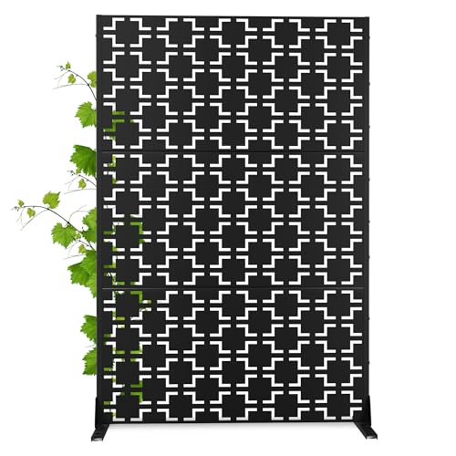 Modern Metal Privacy Screen, Patio Outdoor Privacy Panels with Stand, Freestanding Outdoor Divider for Yard, Deck＆Garden(71.3"*47.3"*15.7") - color: Black,Square