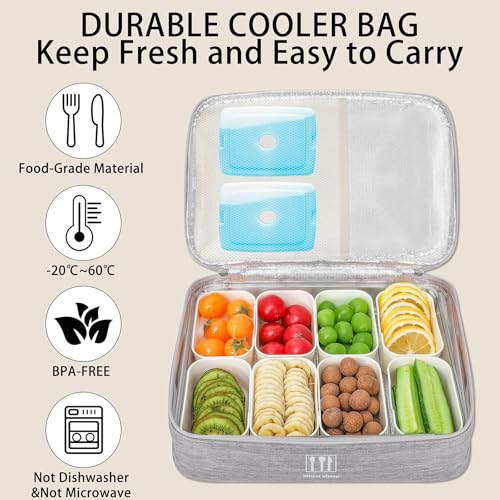 Snack Box Container with Insulated Cooler Bag, Divided Serving Tray with Lid and Handle Beach Essentials, Snackle Box Veggie Fruit Tray with 8 Compartments & 8 Forks & 2 Spoon - size: Medium