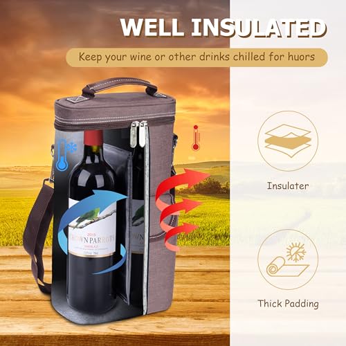 Tirrinia 2 Bottle Wine Gift Tote Carrier - Leakproof & Insulated with Large Pockets Wine Cooler Bag for Travel, Tasting, Party, Dinner, Valentine's Day Gift - color: Brown, size: 2 Bottle-with front pocket