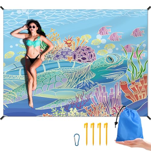 DPWCVM Beach Blanket Waterproof Sandproof Large Beach Mat 83" X 106" for 3-5 Adults Sand Free Mat Quick Drying,Lightweight & Durable with 4 Stakes & 4 Corner Pockets for Beach Camping - color: Sea Turtle, size: 83" X 106"