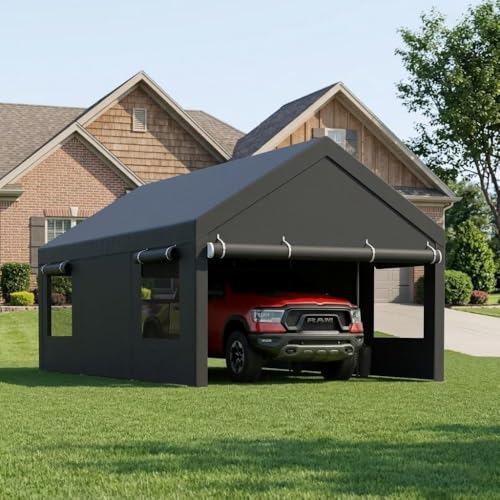 12x20 FT Heavy-Duty Design Carport,Portable Garage Canopy,Carport Canopy with Side-Opening Removable Door & Roll-Up Window,Portable Car Port for Car, Truck, Boat,Grey - color: Black/Gray, size: 12' x 20'