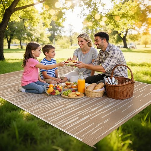HEBE Outdoor Rug 5'x8' Waterproof, Reversible Plastic Straw Patio Rug Camping Mat, Indoor Outdoor Area Rug Carpet for Patios, Deck, Porch, RV, Camping, Picnic, Balcony - color: Stripe/Beige, size: 5' x 8' (Rectangular)