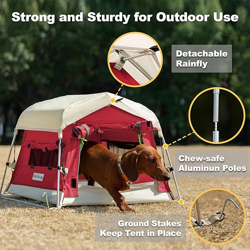 Dog Tent Cotton Fabric, Aluminum Poles and Camping Mat, Outdoor Weatherproof, Dog House Outdoor, Breathable with 2 Side Windows, Portable and Collapsible (Red, Small) - color: Red, size: Small, 24.4''L x 19.7''W x 16.5''H