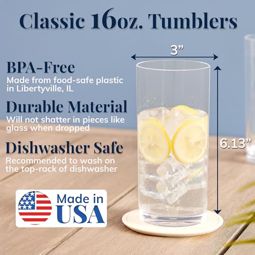 US Acrylic Classic Clear Plastic Reusable Drinking Glasses (Set of 6) 16oz Water Cups | BPA-Free Tumblers, Made in USA | Top-Rack Dishwasher Safe - color: Clear, size: Water Tumblers