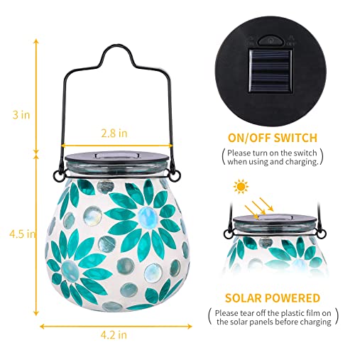 Afirst Mosaic Solar Lanterns Outdoor - Glass Hanging Solar Lights Hollow Out Waterproof Table Lamp Outdoor Decorative for Garden, Patio, Holiday Party Outdoor Decoration - style: Blue daisy