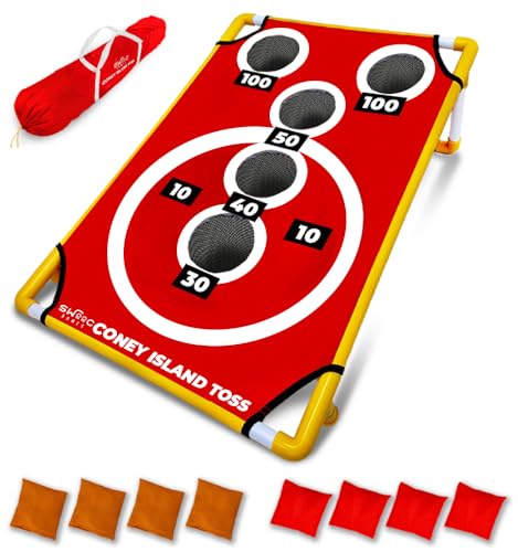 Swooc Games - Coney Island Toss™ - Arcade Style Cornhole Board Set w/Carrying Case & 15+ Games - Corn Hole Games for Adults - Kids Bean Bag Toss Game - Kids Cornhole Set w/Bags - Outdoor Yard Games