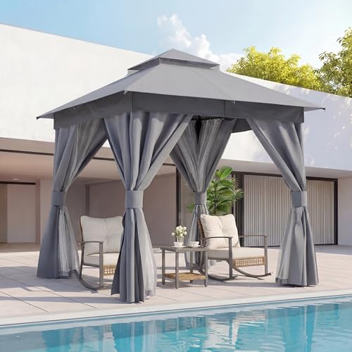 LAUSAINT HOME Gazebo 8x8ft, Heavy Duty Patio Gazebo with Expansion Bolts, Party Canopy Tent with Double Roofs, Mosquito Nettings and Privacy Screens for Backyard, Garden, Lawn, Grey - color: Gray, size: 8'x8'