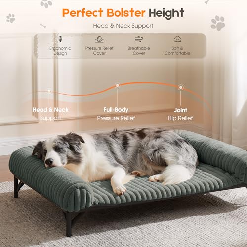 Elevated Dog Bed with Removable Fluffy Pillow Cushion, Raised Pet Cot Washable Bolster, Dog Couch Sofa, Anti Slip Feet, Breathable Mesh, Light Grey, 49"×36" - color: light grey, size: Xl(49"×36"×8")