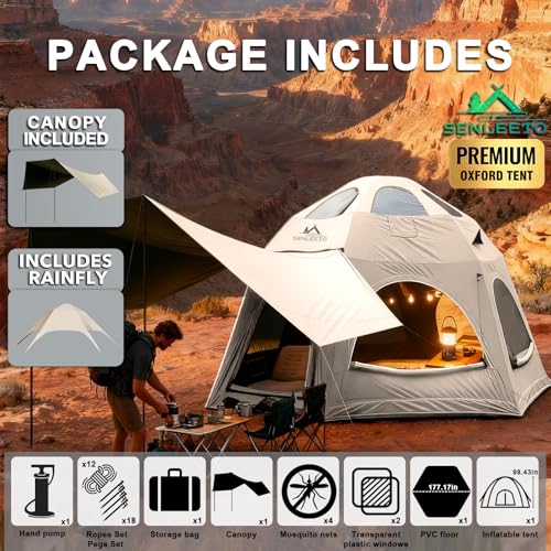 SENLEETO Inflatable Tents for Camping, Large Inflatable Camping Tent with Hand Pump, Easy Setup Tents for 4-6 People, Portable Glamping Tent - size: Dome -177 inch*177 inch*98.4 inch with canopy