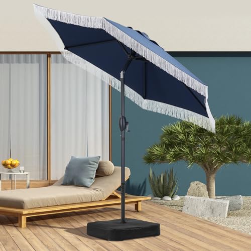 7.5 FT Patio Umbrella(Styles Featuring Tassels, LED Lights, or Bases Available), Stylish, Modern & Adjustable, with Effortless Crank Operation for Your Garden, Beach, Deck, Backyard & Pool - color: Navy Blue+tassel, size: No Base