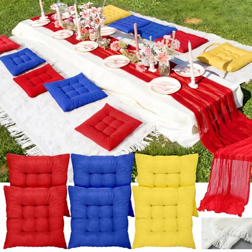 Extra Large Outdoor Picnic Blanket with Table Runner and Floor Pillow Cushion for Picnic Wedding Birthday Baby Shower Backyard Decor(91 x 71'',Deep Blue,Red,Lemon Yellow,8 Pcs) - color: Deep Blue,red,lemon Yellow