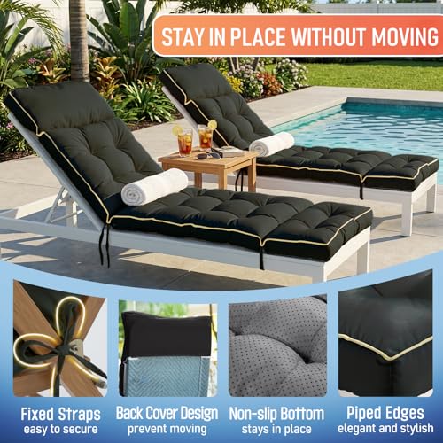 MAGIC ELEPHANT Chaise Lounge Cushion Outdoor, Memory Foam Patio Lounge Chair Cushion with Ties for Indoor Outdoor Furniture, Waterproof Replacement Long Chair Cushion (Black) - color: Black