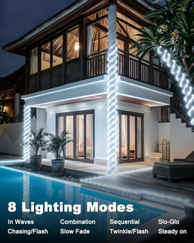 btfarm Solar Rope Lights Outdoor, 120LED 46FT Solar String Lights Outside Waterproof, 8 Lighting Modes Tree Tube Fairy Light Solar Powered for Garden Christmas Yard Party Decorations, Cool White - color: Cool White, size: 1 Pack