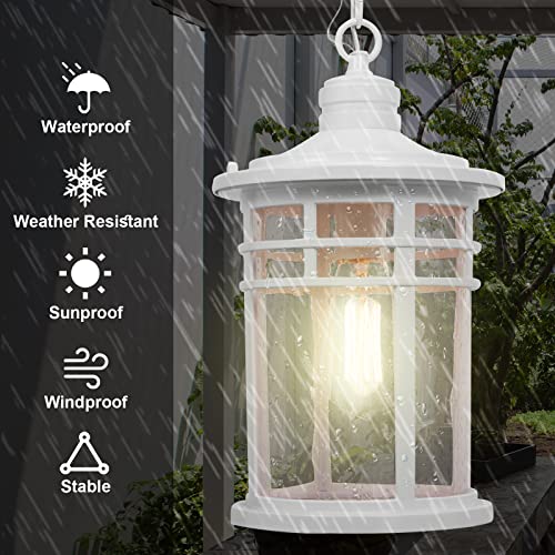 Darkaway Large Outdoor Pendant Lights for Porch, 15inch Outdoor Chandelier Hanging Porch Lights Ceiling Mount Aluminum with Seeded Glass for Front Porch Gazebo Patio (Large, White) - color: White, size: Large Size