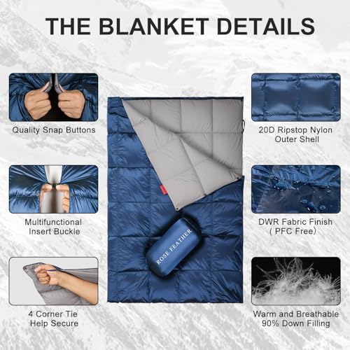 Down Camping Blanket - Lightweight, Packable, Warm & Puffy Outdoor Travel Quilt for Sleep, Hiking, Backpacking, Stadium, Festivals, Water-Resistant Sleeping Bag 55"x79" - color: Deep Sky Blue, size: 1LB 6OZ / 79" x 55"