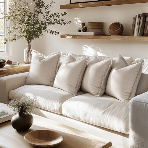 MIULEE Decorative Couch Pillow Covers Neutral Beige Linen Fringe Throw Pillows Set of 4 Boho Farmhouse Cushion Covers Soft Accent Pillowcases for Bed Couch Sofa Living Room Spring Decor 18x18 Inch - color: Neutral Beige, size: 18" x 18" (Pack of 4)