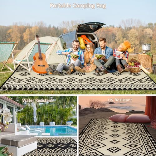 LILIOFFIC Outdoor Rug Waterproof 5x8 ft Outdoor Carpet Patio Rug Mat Reversible RV Camping Rug Plastic Straw Rug Outside Outdoor Area Rug for Patio Deck Balcony Backyard Picnic Beach Black & Beige - color: 01/Black & Beige, size: 5' x 8' (Rectangular)