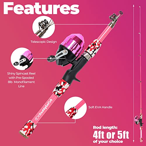 DaddyGoFish Kids Fishing Pole - Rod Reel Combo Tackle Box Starter Set - First Year Small Dock Gear Kit for Boys Girls Toddler Youth Age Beginner Little Children Junior Anglers - color: 2 Pack- Blue + Pink (Complete Set), size: 5ft