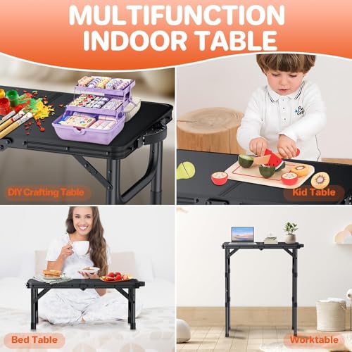 FUNYKICH 2ft Small Folding Camping Table(22.8'' Lx15.7'' W), 3 Height Adjustable Portable Picnic Table, Lightweight Aluminum Outdoor Table with Carry Handle for Camping, BBQ, Beach, Picnic, Black - color: Black, size: Tabletop size: L22.8"xW15.7"