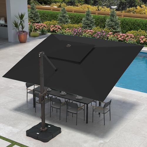 9 X 12 FT Cantilever Patio Umbrella with Led Lights and Base Included Outdoor Heavy Duty Double Top Rectangle Offset Umbrellas with 360-degree Rotation for Pool Deck Backyard, Black - color: Black, size: 9' X12' Weighted Base Included(LED)