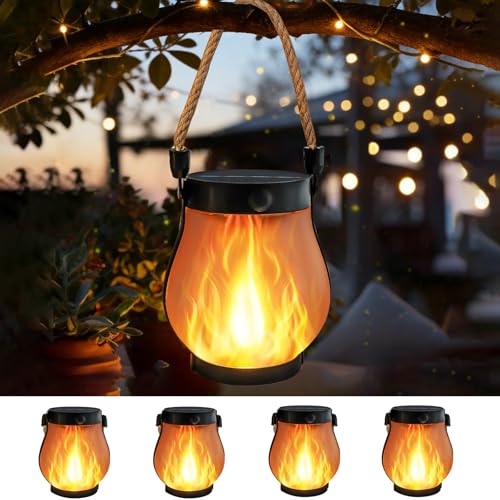 4 Pack Gen2 Solar Lanterns Outdoor Waterproof, Solar Lantern with Dancing Flame, 2 Lighting Modes, Dual Charging USB & Solar, Solar Outdoor Lights with Rope Handle for Camp Garden Tree Tabletop Decor - size: 4 PK