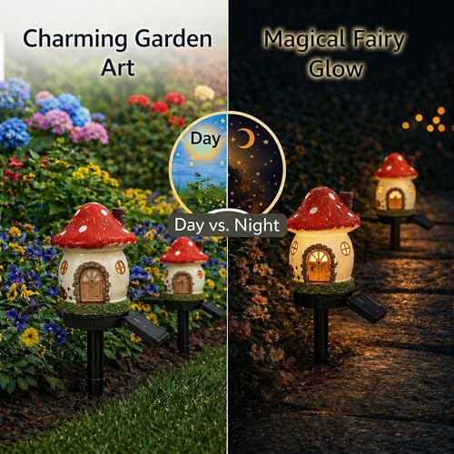 Solar Mushroom House Lights Outdoor, 2 Pack Waterproof Decorative Fairy Garden Pathway Lights, Hand-Painted Resin Storybook Cottage Decor for Yard Lawn Walkway Patio, Unique Gift for Garden Lovers - style: Mushroom House